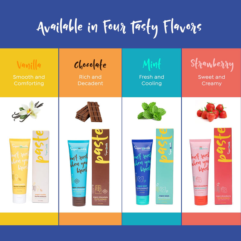 [Australia] - SuperMouth Fluoride Toothpaste - Adults & Kids, Fights Cavities, Whitens, Nano Hydroxyapatite, Dentist Developed, Safe Clean Ingredients, Gentle on Sensitive Teeth, Vitamins D3 & K2, 4 Tasty Flavors Chocolate 3.4 Ounce (Pack of 1) 