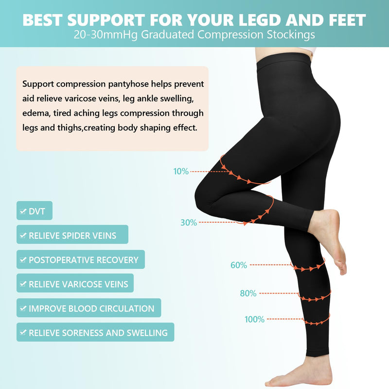 [Australia] - Compression Pantyhose for Women, 20-30 mmHg Footless Medical Compression Stockings, Waist High Opaque Graduated Support Compression Hose Tights for Edema, Varicose Veins, Swelling X-Large Black 