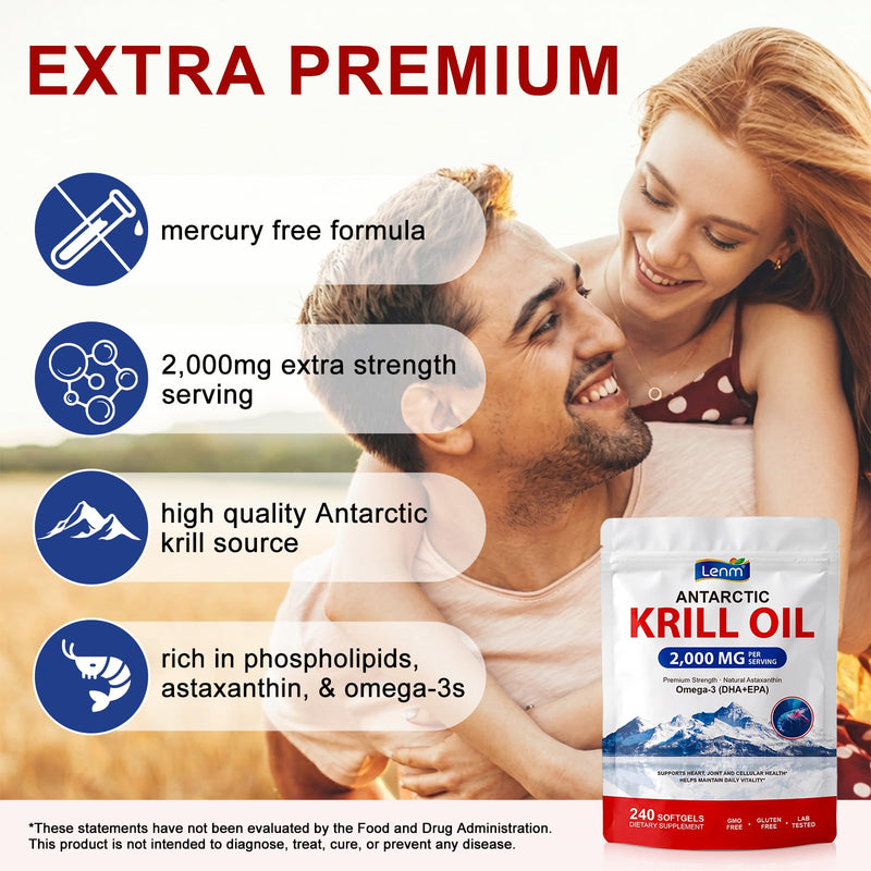 Antarctic Krill Oil Softgels Supplement, 2,000mg Per Serving, 240 Softgels, Triple Strength Formula with Omega-3 EPA & DHA Plus Astaxanthin, Supports Heart, Brain & Immune Health