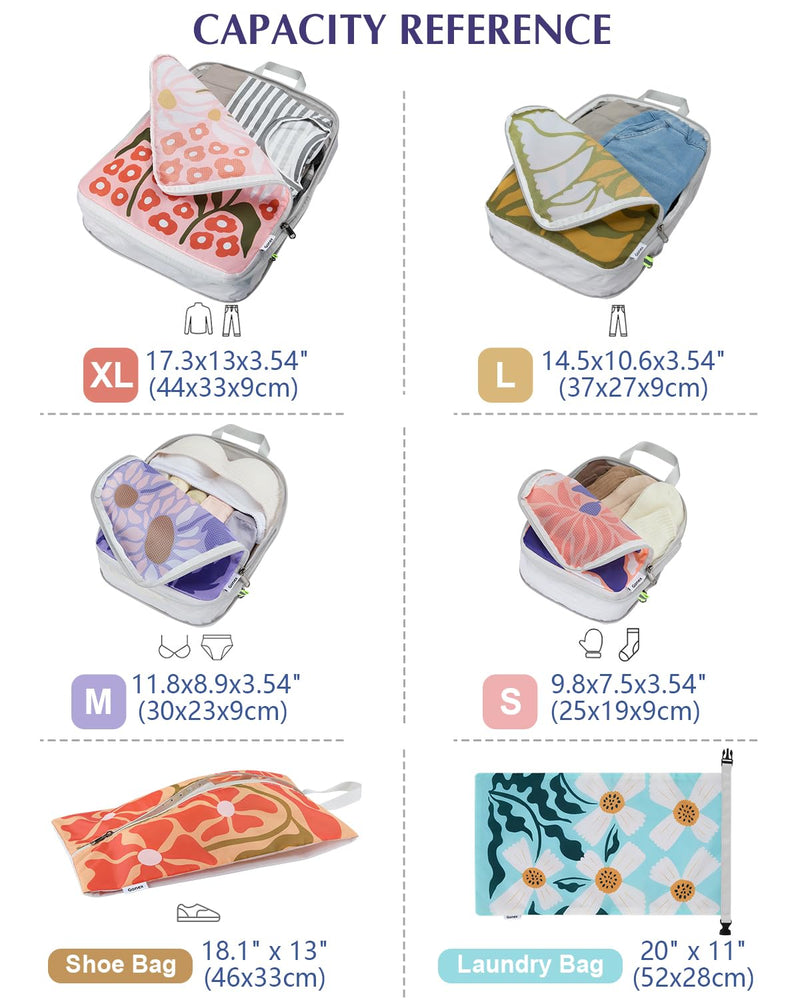 Gonex 6-Piece Compression Packing Cubes with Shoe & Laundry Bags | Floral Pattern, Ripstop Fabric, Double-Zip Compression, Carry-On Friendly, Lightweight Flowers 6 Set