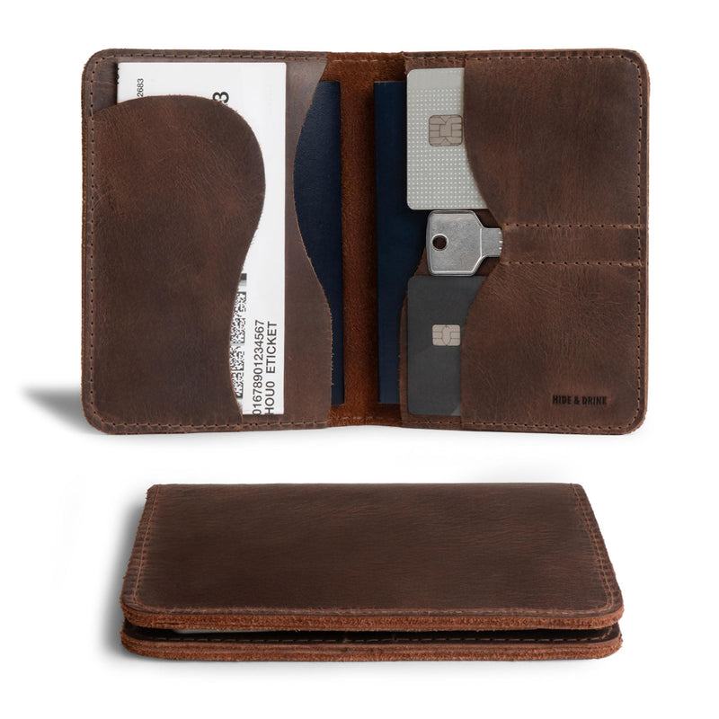 Hide & Drink, Double Passport Cover with Slots for Bills and Keys, Rustic Case, ID Organizer, Full Grain Leather, Handmade Accessories, Bourbon Brown