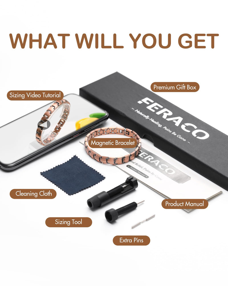 [Australia] - Feraco Copper Bracelets for Women, 2X Ultra Strength Magnetic Bracelet with 3500 Gauss Magnets, Adjustable with Sizing Tool, 99.99% Pure Copper Jewelry 2X Strength Sleek 