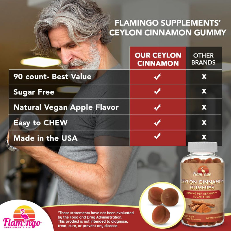 [Australia] - Sugar Free Ceylon Cinnamon Gummies 2000mg /Serving- Sugar Regulation, Joint Pain, Neuroprotective- Cinnamon Supplement with Chromium and Cinnamon Bark- Alternative to Cinnamon Capsules - 90 Chews 