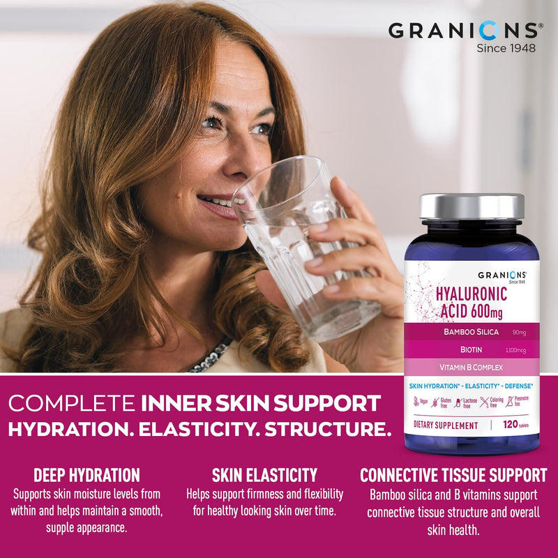 Granions Ultra Dosed Hyaluronic Acid Supplement 600mg - Intense Skin Hydration, Stimulates Collagen Production - Niacin, Biotin, Vitamin B Complex, Oral Hyaluronic Acid Supplements - 120 Vegan Tablets Hyaluronic Acid 600