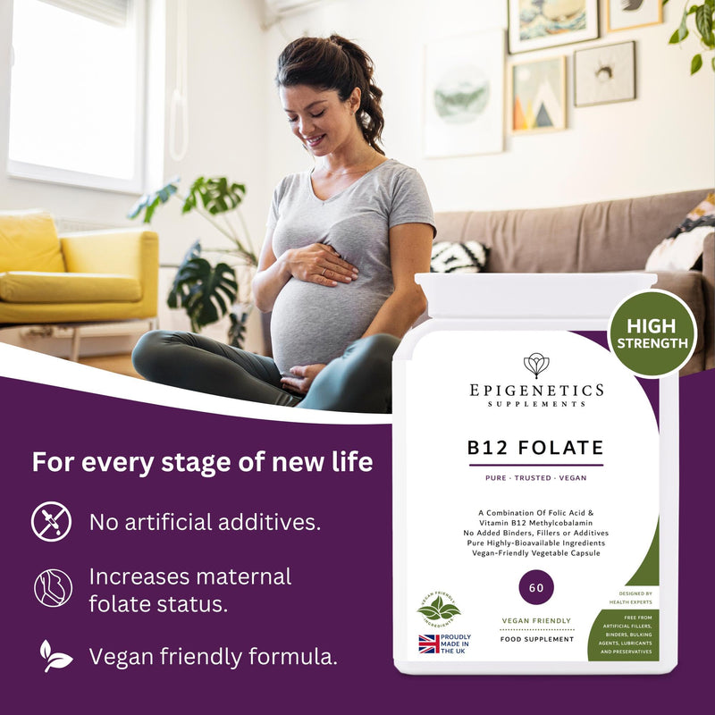 Vitamin B12 + Folate | High Strength 800mcg Folic Acid + 800mcg Methyl B12 as Methylcobalamin | 60 Vegan Capsules UK Made by Epigenetics Supplements