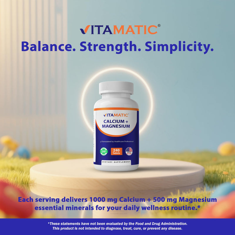 Vitamatic Calcium Magnesium Complex - 1000mg Calcium, 500mg Magnesium, Gluten-Free & Gluten Free - Supplement for Bone Health – 240 Tablets