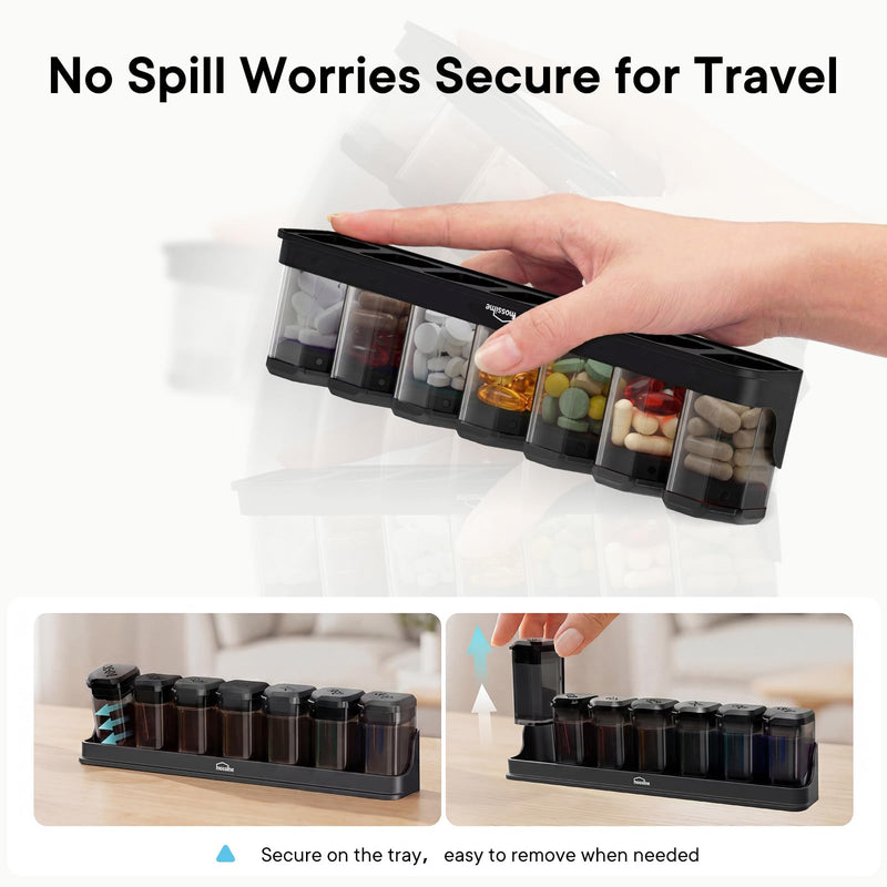 Medium-Large Weekly Pill Organizer 1 Time a Day, 7 Day Pill Box, Black | BPA-Free, Spill-Resistant, Detachable 1-a-Day Boxes, for Vitamins & Medication, Travel-Friendly, Velvet Pouch