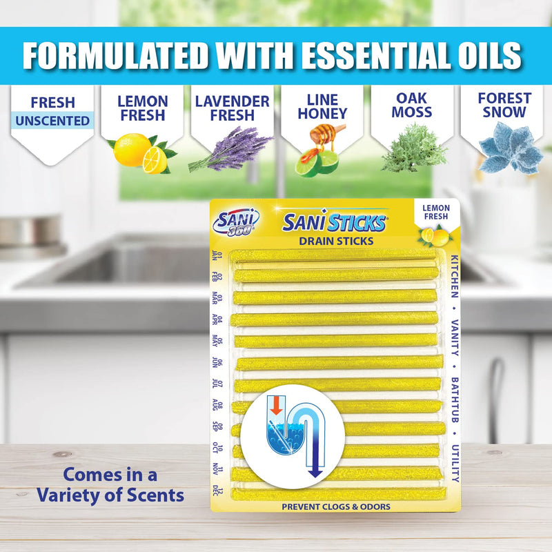 [Australia] - SANI 360° Sani Sticks Drain Cleaner and Deodorizer, Enzyme Pipe Cleaners, Eliminate Odors, Prevent Clogged Drains, Safe for Sinks, Bathtub Drains, Septic Tanks, 24 Count, Lemon Scent 