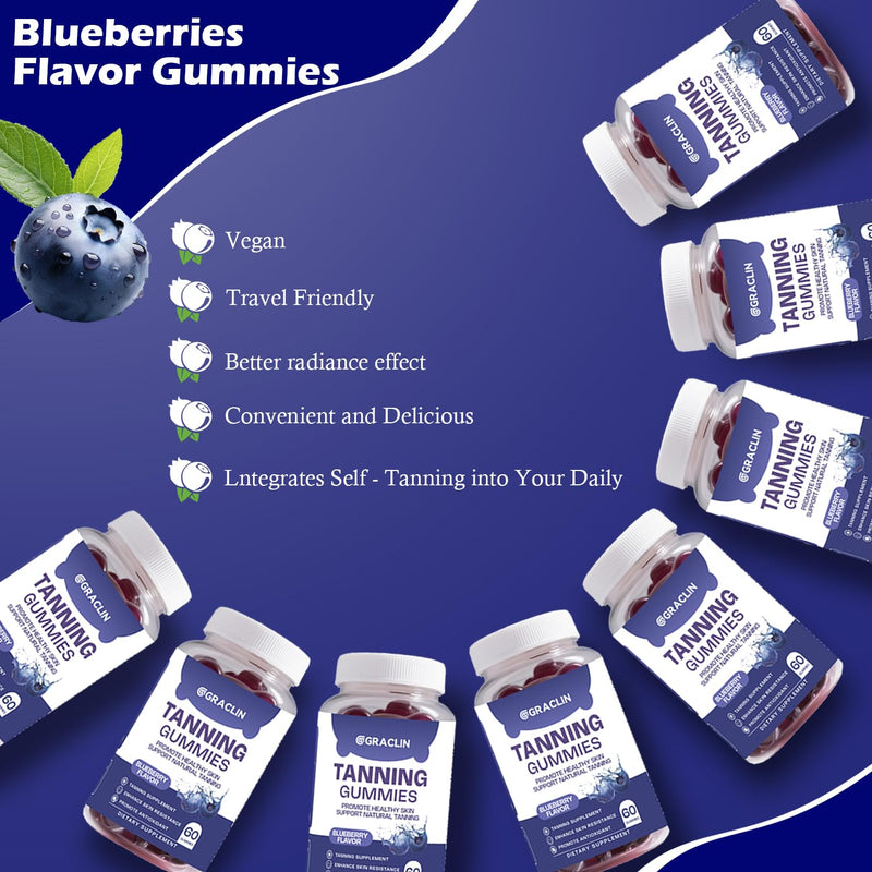 [Australia] - Tanning Gummies - Self Tan Supplement That Work Fast Without Sun - Daily Oral Chews with Beta Carotene Astaxanthin Lycopene & Vitamins for Skin Health Glow Up Sunless Tan - Vegan Sugar Free Blueberries 