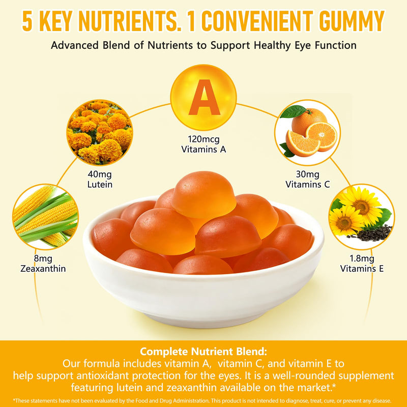 Lutein and Zeaxanthin Supplement 60 Gummies, Eye Health Supplement with Lutein Zeaxanthin Vitamins A, C, and E Support Visual, Eye Health