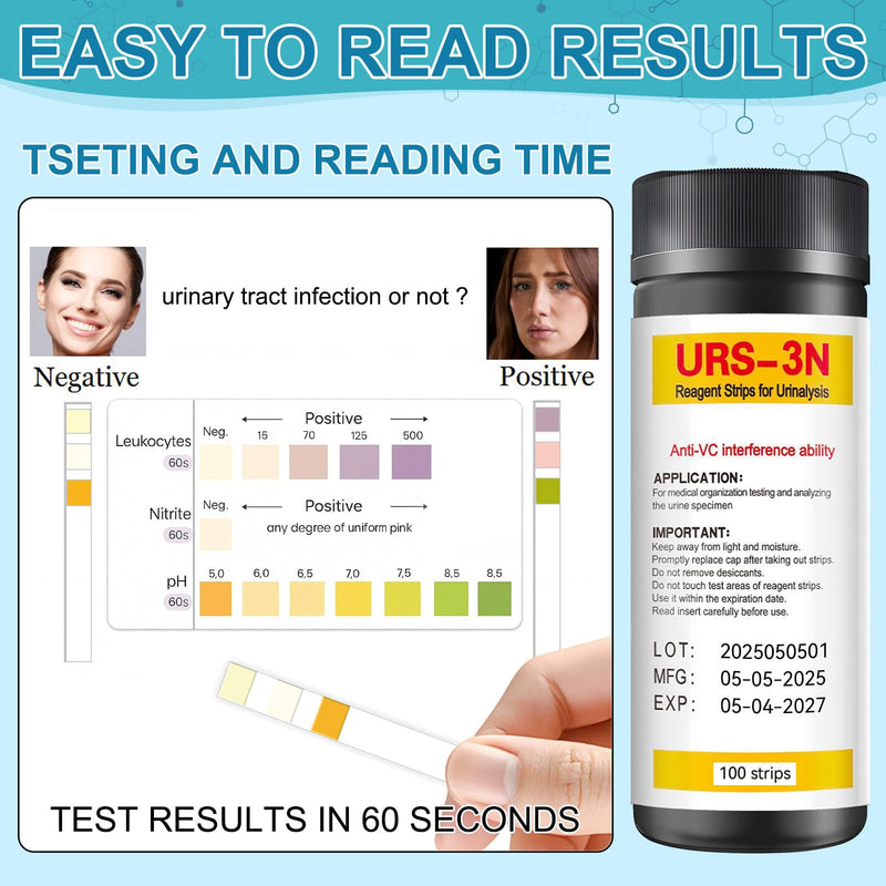 Urine Test Strips, 3-in-1 100 Strips UTI Test Strips, Urine Test Strips for Urinalysis Full Panel at Home, Urinalysis Test Strips for Leukocytes, Nitrite, pH for Women Men 1 Count (Pack of 100)
