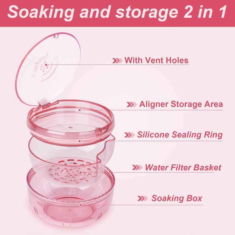 Retainer Cleaner Case,Double Layer No-Leak Denture Cup for Soaking Dentures, Denture Bath for Aligner,Retainers,Mouth Guard,Night Guard (Pink) Pink
