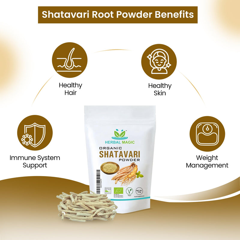 Herbal Magic's Organic Shatavari Root Powder(Asparagus racemosus)-Prized Herb in Ayurveda-Plant of 100 Roots superfood Combi with Milk& Honey - Free from Fillers&Preservatives-300g