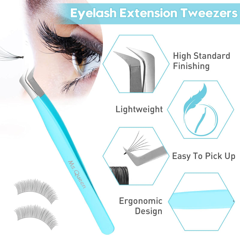 Ms.Queen Lash Tweezers for Eyelash Extensions,Professional 5Pcs Fiber Tip Curved Isolation 45 90 Degree Boot Volume Lash Tweezers for Extensions, Blue 5Pcs Tweezers Set