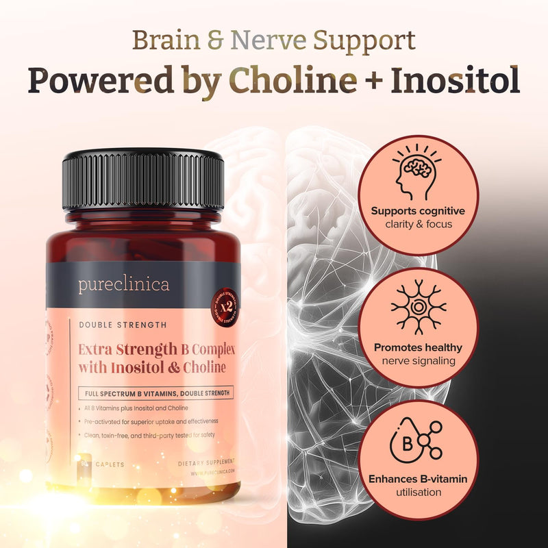 Extra Strength B Complex with Inositol & Choline x 90 Caplets – High-Potency B Vitamins for Energy, Brain & Nerve Support – 3 Months Supply 90 count (Pack of 1)