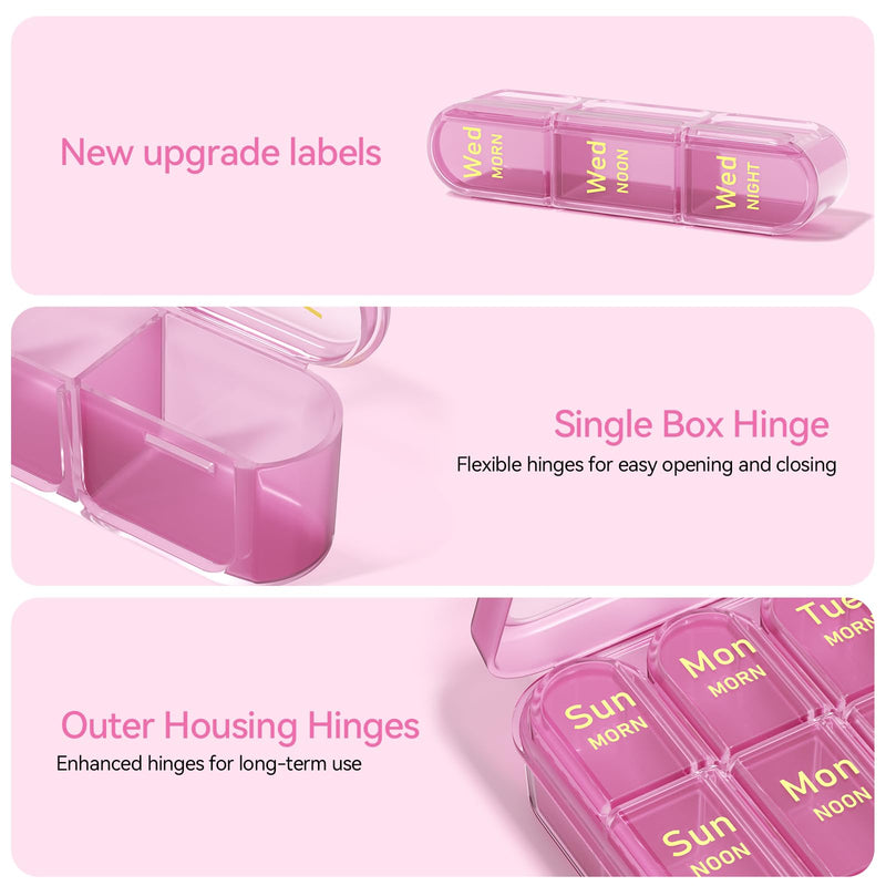 Zoksi Pill Organizer 3 Times a Day, 7 Day Weekly Pill Box | Removable Daily Cases, Large Capacity, Easy Open, Clear Labels, Travel-Friendly,Pill Holder for Vitamins & Supplements Pink Purple