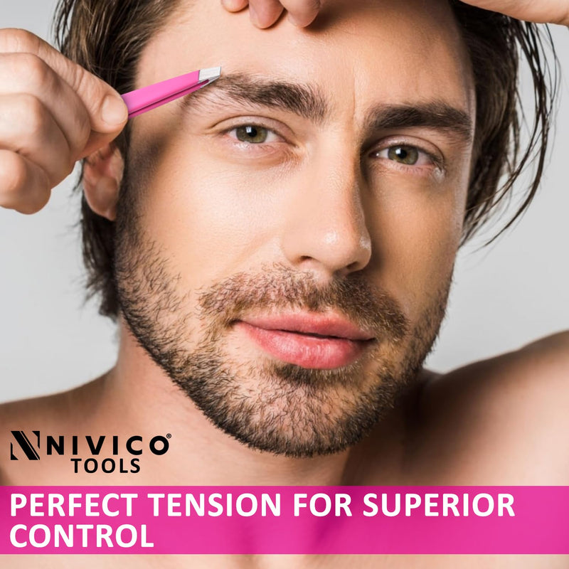 NIVICO Eyebrow Tweezer Hair Removal, Slant Stainless Steel 9.5cm Ingrown Facial Hair Tweezers for Men And Women (Pink Coated)