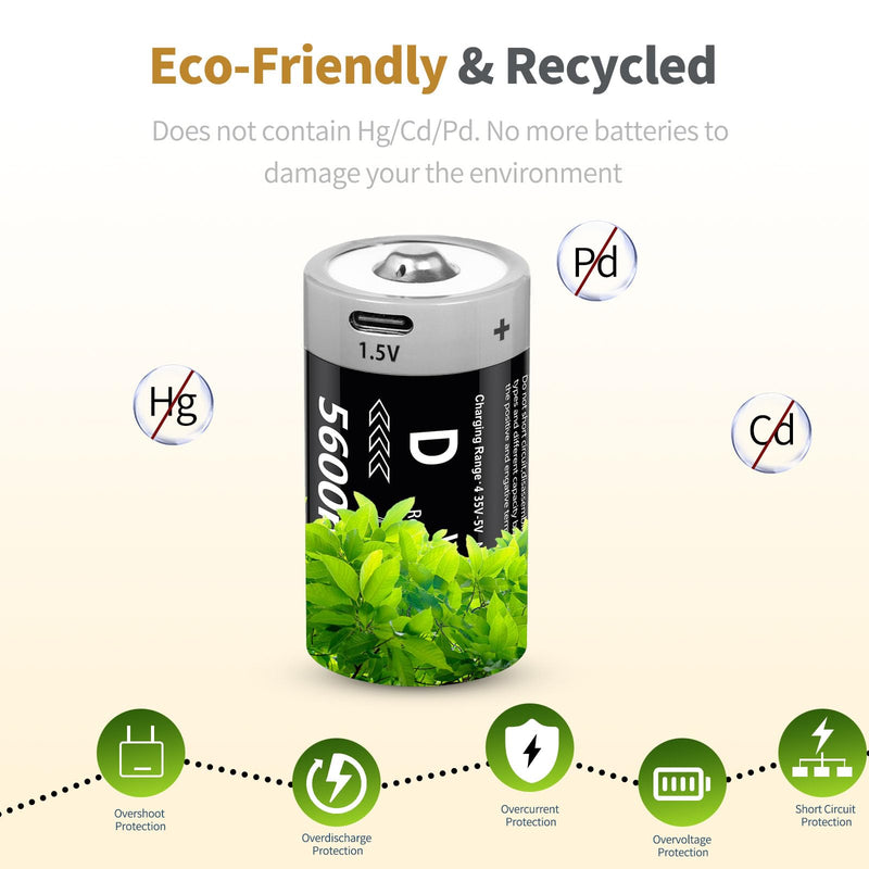 [Australia] - Rechargeable D Batteries 1.5V 5600mWh Lithium-ion Batteries with 4 in 1 USB-C Charging Cable, D Li-ion Batteries 1000 Cycles for Flashlight, Water Heater, Gas Stove (4 Pack) 