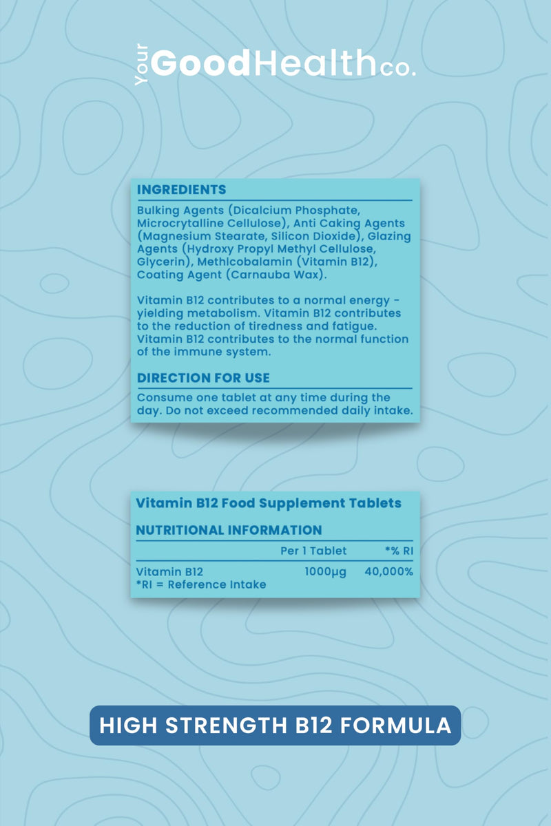 Your Good Health Co – Vitamin B12 | Vegan | High Strength Formula | Support Energy Production and Reduce Tiredness & Fatigue | Tablet | 30 Day Supply