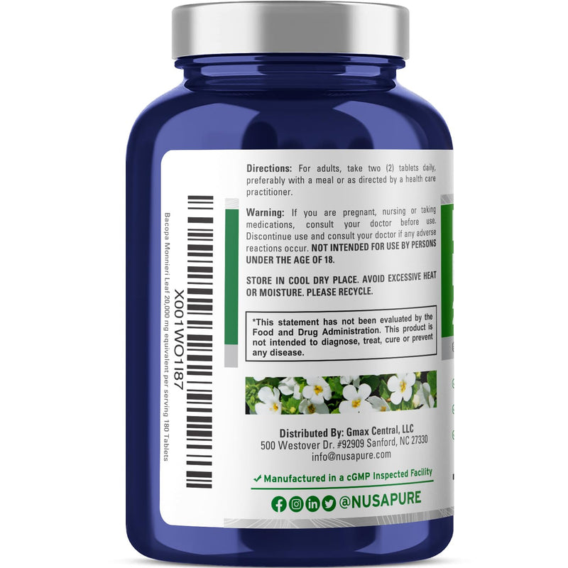 [Australia] - NusaPure Bacopa Leaf Monnieri Extract 20,000 mg 180 Tablets (Extract 20:1, Non-GMO, Gluten Free) 