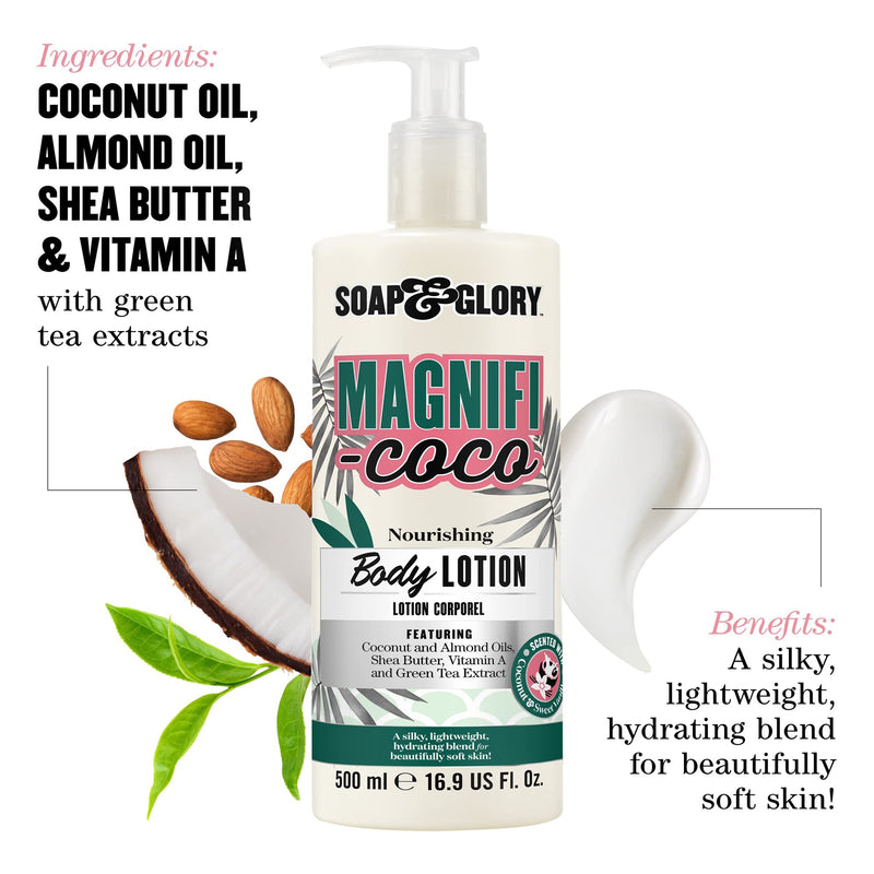Soap & Glory Magnifi-Coco Body Lotion for Women - Coconut Scented Lotion for Dry Skin with Almond Oil, Shea Butter & Vitamin A - Vegan Body Moisturizer (16.9 fl oz) 16.9 Fl Oz (Pack of 1)