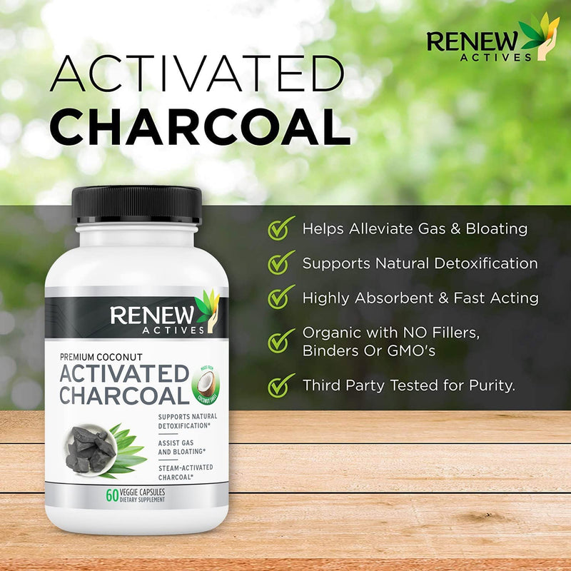Renew Actives Activated Charcoal Supplement 1100MG per 2 Capsules - Digestive Support & Teeth Whitening Formula, No Artificial Ingredients - Made in Canada - 60 Capsules
