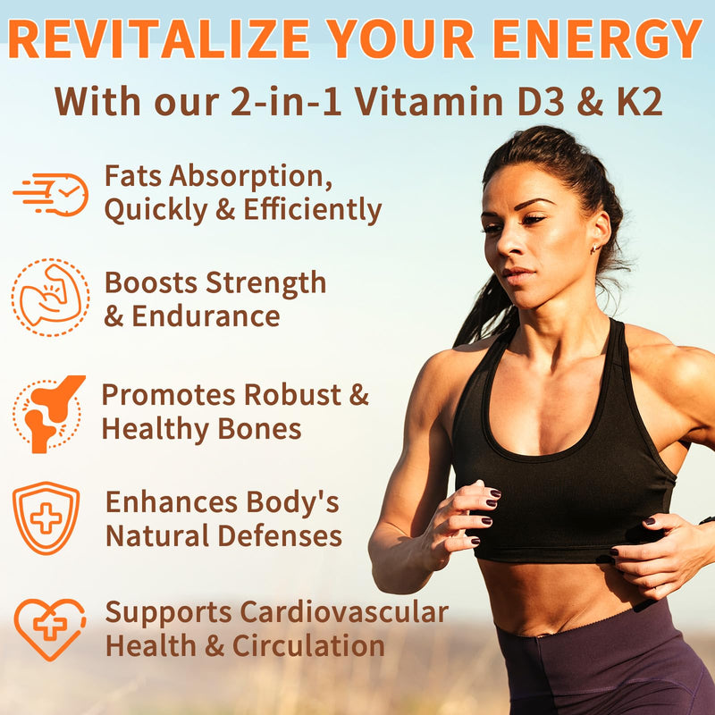 Premium Vitamin D3 & Vitamin K2 (MK-7) Softgels 120 Count Easy-Swallow VIT D3 K2 with Coconut Oil Gluten Free, High Strength Vitamin D3 and K2 Supplements 120 count (Pack of 1)