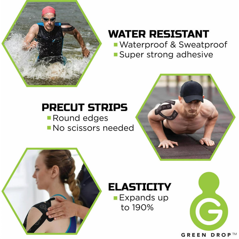 Green Drop Kinesiology Tape – Breathable, Patented, Natural Relief-Herb-Infused Support, HSA/FSA Approved - 20 Precut Strips, 20 Count
