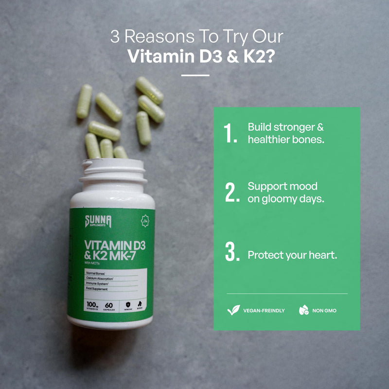 SUNNA SUPPLEMENTS High Strength Vitamin D3 & K2 Capsules with MCT Oil - 4000 IU D3 + 100 µg K2 MK‑7 - Gluten Free and Vegan Vitamin D3 and K2 Capsules for Adults - Bone & Immune Support - 60 Capsules