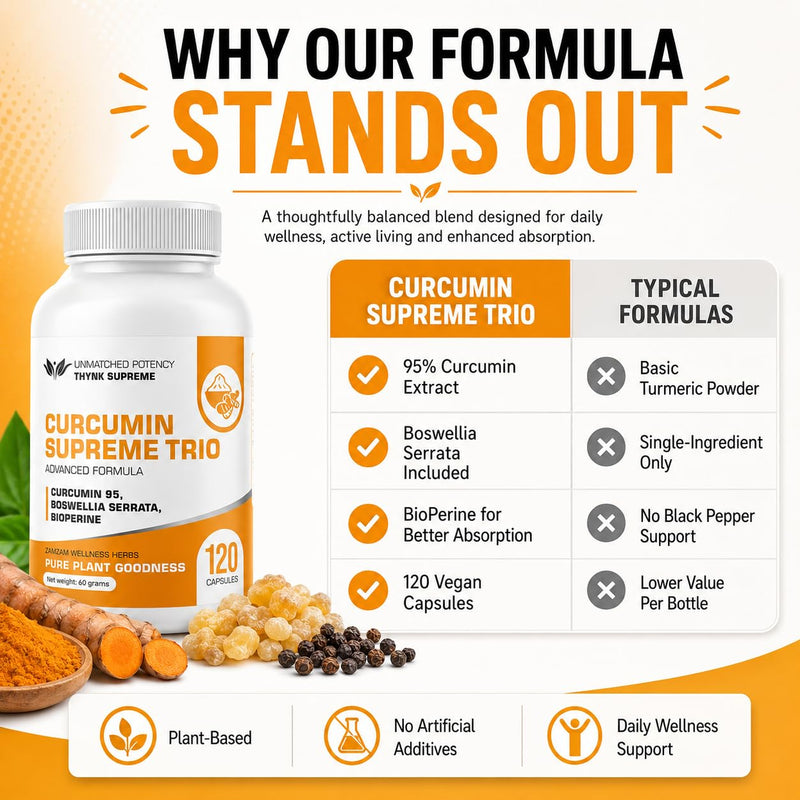 Curcumin Supreme Trio with 95% Curcumin, Boswellia Serrata & BioPerine® | Natural Joint, Mobility & Immune Support | Anti-Inflammatory Turmeric Supplement | 120 Vegan Capsules