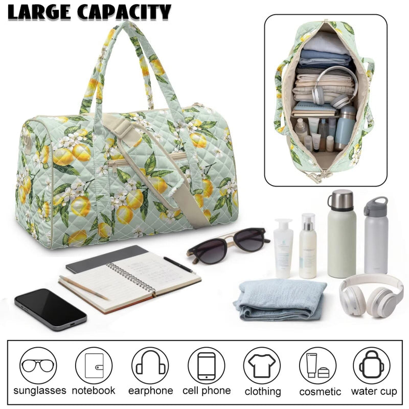 Quilted Weekender Bag Lemon Green Fresh Print Large Weekender with Adjustable Crossbody Strap Zesty Travel Bag for Overnight Trips