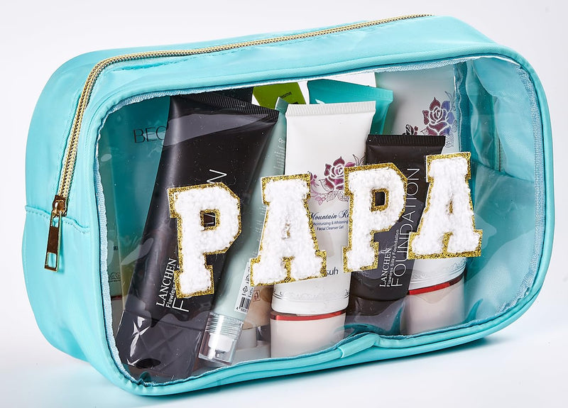 3pc Mama Baby Papa Clear Pouch Set with Chenille letters – Travel Makeup Toiletry Organizer Bags for Family Packing – Cute Personalized for Vacation, Hospital & Diaper Bag Essentials Papa Mama Baby