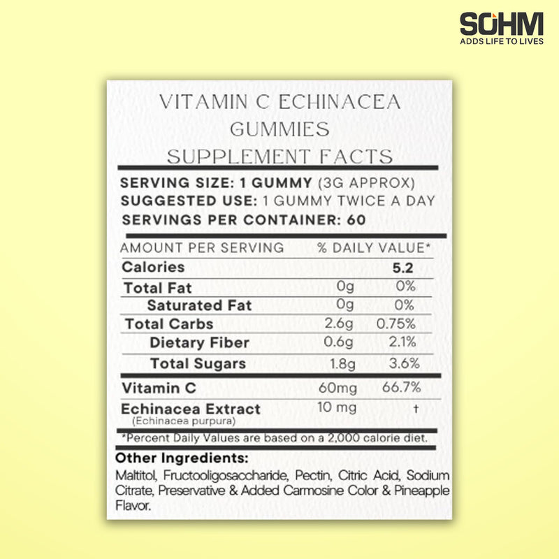 SOHM Individually Wrapped Vitamin C 60000mcg + Echinacea 10000mcg 60 Count, Supports Healthy Immune Health, Vitamin C Gummies,Echinacea Gummies Adults,Vitamin C for Men & Women Vegetarian