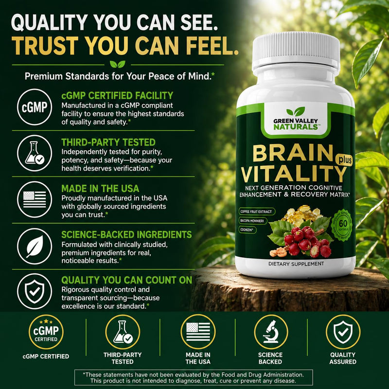 Green Valley Naturals Brain Vitality Plus™ Brain Health Supplement | 60 Softgels, Cognizin® Citicoline, Bacopa Monnieri, DHA Omega-3, Memory, Focus & Mental Clarity Support