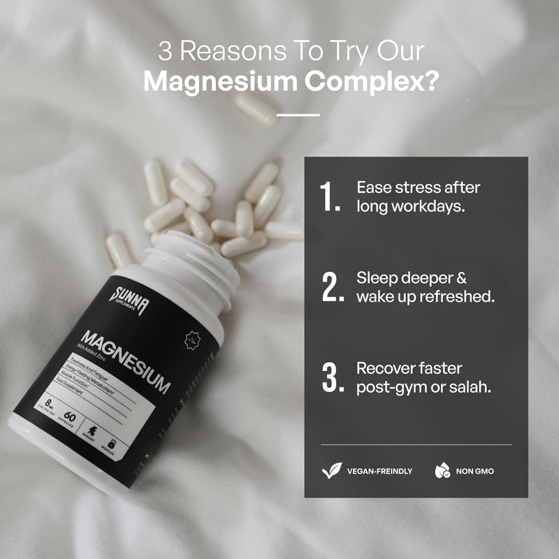 SUNNA SUPPLEMENTS Magnesium Complex with Zinc – High Strength Vegan Capsules for Sleep, Energy & Muscle Support – Magnesium and Zinc Supplement – Gluten-Free – 60 Capsules