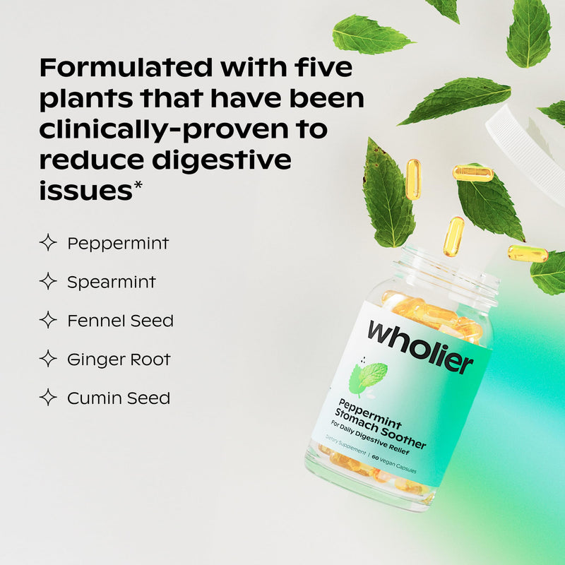 [Australia] - wholier Peppermint Oil, Ginger Root Oil for Bloating Relief, Nausea Relief, Upset Stomach Relief + Gut Health. Daily Herbal Supplement. Peppermint Stomach Soother. (60 Vegan Capsules) Glass Bottle 