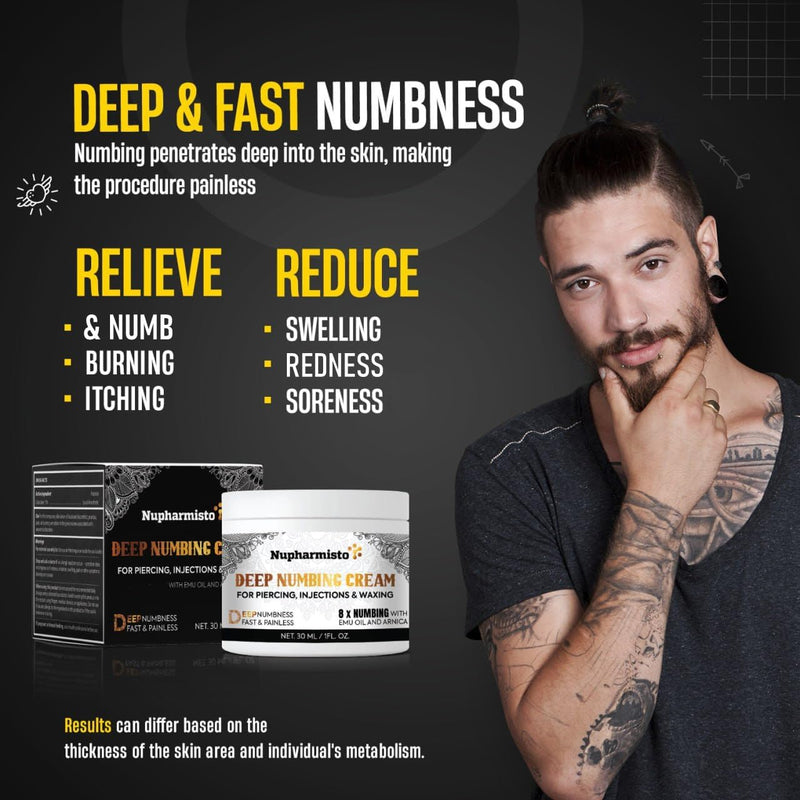 [Australia] - Deep Numbing Cream for Piercing, Injections& Tattoos, Fast Numbing for Waxing, 7 Hours Maximum Strength Painless Numbing Cream for Injections, 8x Numbing with Emu Oil and Arnica. 30ml/1oz 