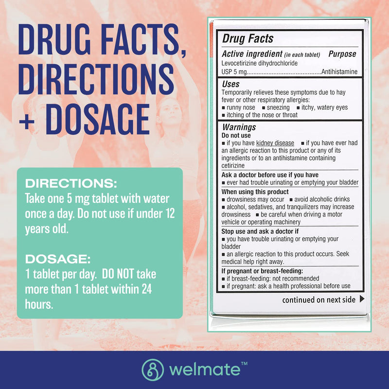 [Australia] - WELMATE | Allergy | Generic Xyzal Levocetirizine Dihydrochloride 5mg | Non Drowsy | Fast Acting | 24hr Support | Runny Nose, Watery Eyes, Sneezing | Antihistamine | Allergy Medication | 180 ct 1 
