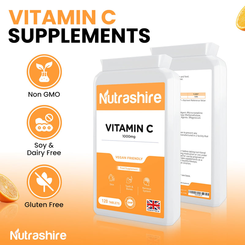Vitamin C Tablets 1000mg – 120 Vegan Tablets (4 Month Supply) – Gluten Free Vitamin C Supplements for Skin, Bones, Teeth, Fatigue and Immune Support – High Strength VIT C - Made in the UK
