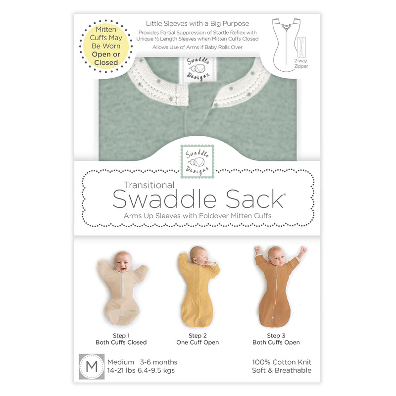 SwaddleDesigns Transitional Swaddle Sack with Arms Up Half-Length Sleeves and Mitten Cuffs, Medium, 3-6 months, 14-21 lb, Heathered Jadeite (Arms Up Swaddle, Transition Swaddle Sleep Sack) Medium (14-21 Pound)