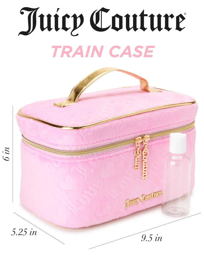 Juicy Couture Pink Makeup Bag Cosmetics Organizer Travel Essentials Train Case Velour Heart Logo