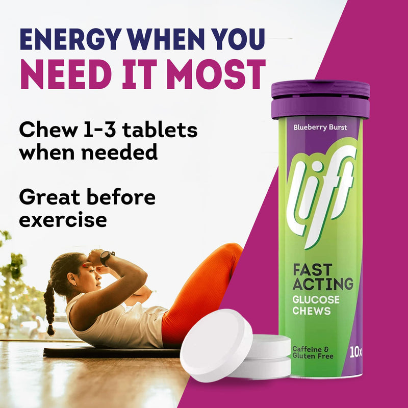 Lift | Fast-Acting Glucose Chewable Energy Tablets | Blueberry | 12 Pack of 10-Tablet Tubes 10 count (Pack of 12)