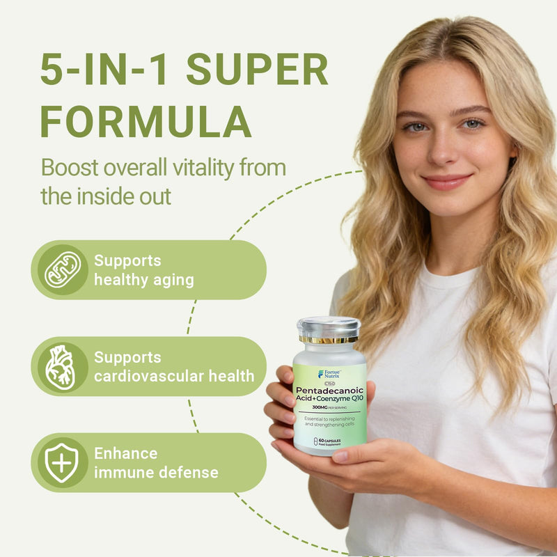 FORTUE NUTRX CoQ10 Supplement & Pentadecanoic Acid Supplement C15 - High Strength Q10 Coenzyme for Heart & Energy Support, Liposomal Ubiquinol Suplement with Beetroot Extract, 60 Vegan Capsules