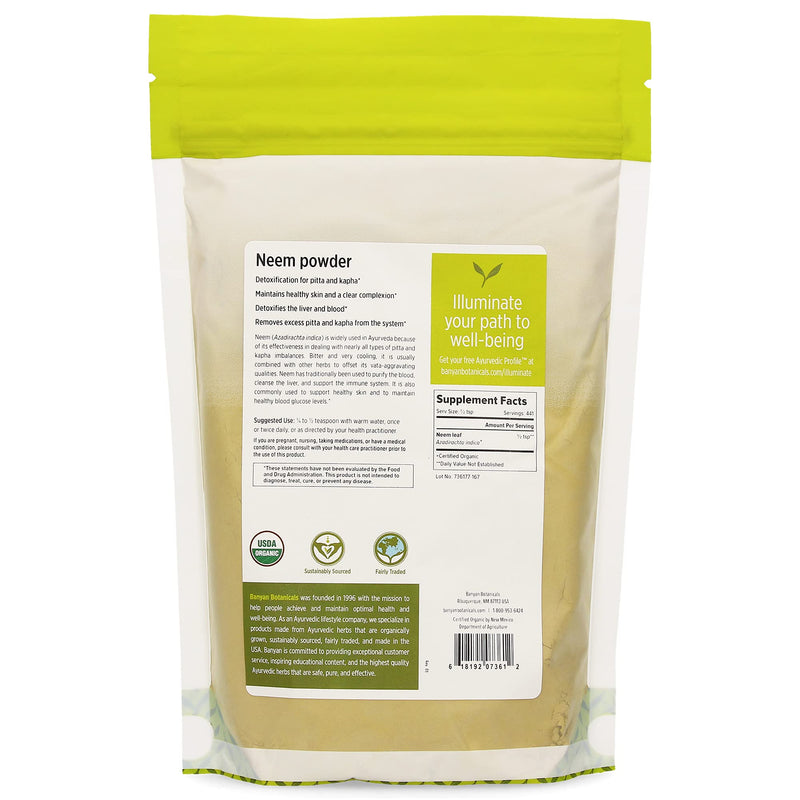 [Australia] - Banyan Botanicals Neem Powder - Organic Azadirachta Indica - Purifying Ayurvedic Herb for Healthy Skin & Blood* – 1 lb. – Fair for Life Sustainably Sourced Non-GMO Vegan 1 Pound (Pack of 1) 