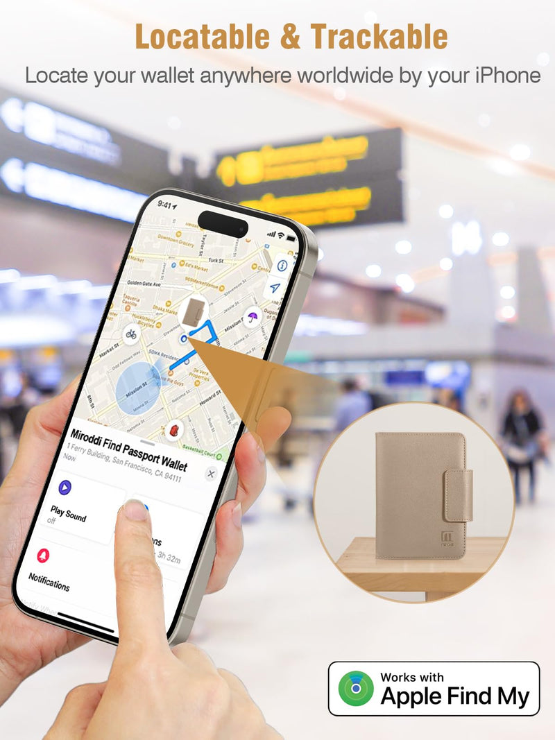 Miroddi Passport Holder Works with Apple Find My, 8-Slot Card Wallet | Travel Essentials, Wireless Charging, RFID Blocking, Leather Passport Wallet for for Men and Women with Tracker, Khaki