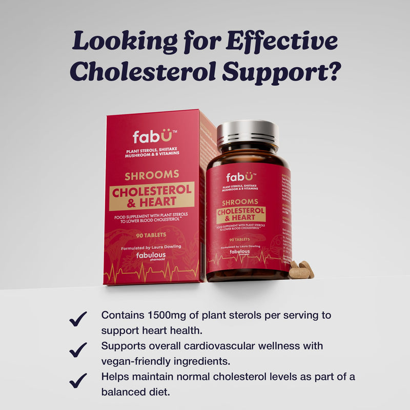 fabÜ Shrooms Cholesterol & Heart - Plant Sterols 1500mg per Serving, Blended with Edible Shiitake Mushroom & B Vitamins - Cholesterol Lowering Supplements, Vegan - 90 Tablets