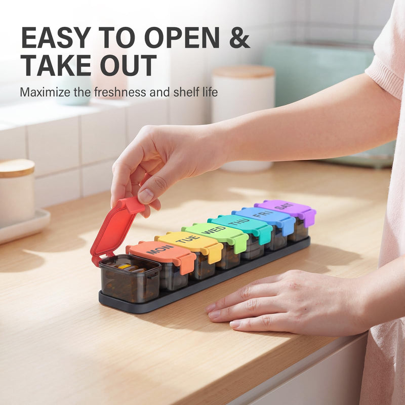 Yaklim Extra Large Weekly Pill Organizer, Detachable 1 Time a Day Pill Box | XXL 7 Detachable Compartments / Easy to Open & Fill / Waterproof Seals / For Big Vitamins & Supplements / Easy Readability Rainbow