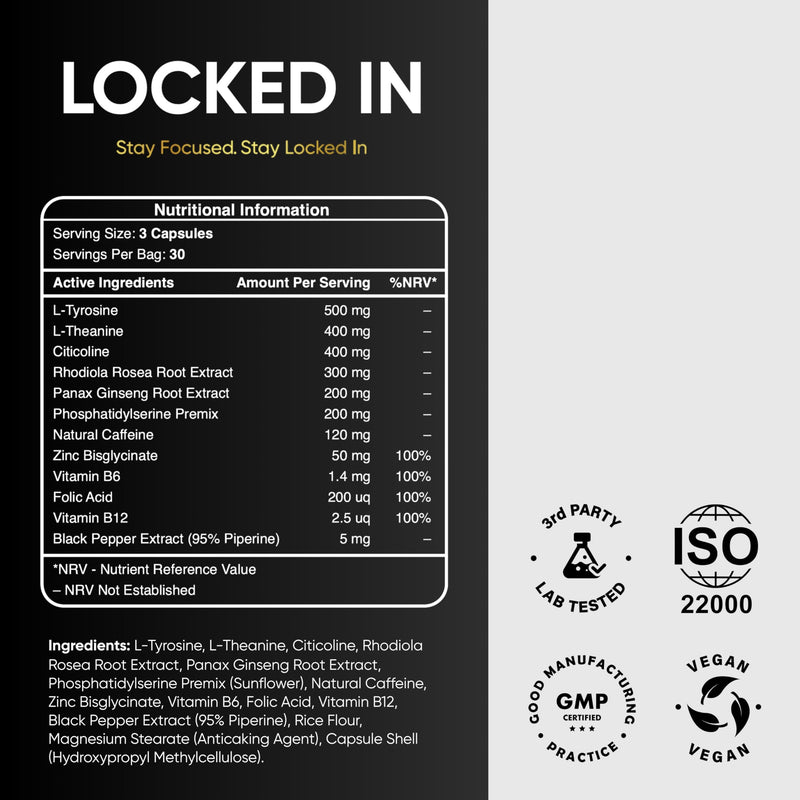 Locked in® Nootropics Brain Supplement - 90 Vegan Capsules, Supporting Focus, Cognitive Function & Energy, 12-in-1 Brain Boosting Formula with Rhodiola Rosea, Panax Ginseng, Citicoline & L Tyrosine