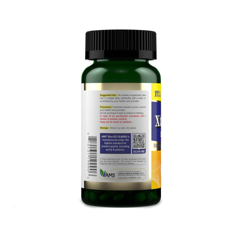 America Medic & Science Xtra D3 Vitamin D 10,000 IU (250 mcg) Cholecalciferol Supplement for Men & Women (120 Easy to Swallow Softgels)Best for Bone, Heart Health, Immune System Support, Lung Function 60 Count (Pack of 2)