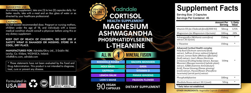 [Australia] - Adndale Cortisol Supplements for Women. Cortisol Supplement 14-in-1 Ashwagandha Supplement with Magnesium Glycinate, L-Theanine & More. 90 Capsules. 